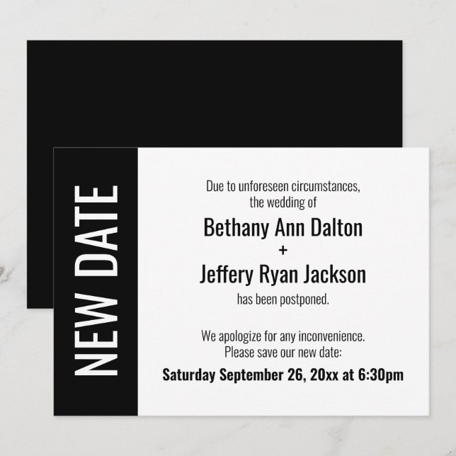 Nytt datum i fetstil, uppskjutet tillkännagivande  (Fram/baksida)