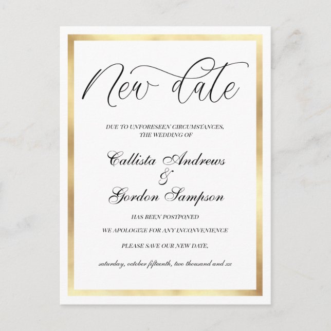 Nytt datum Vita Guld Gräns uppskjutit Bröllop Meddelande Vykort (Framsida)