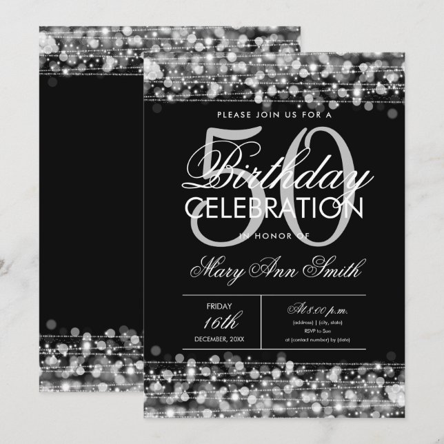 Nytt! Elegant 50:e Födelsedagsfesten Sparkles Silv Inbjudningar (Fram/baksida)