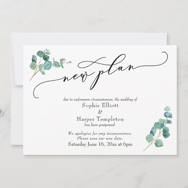Nytt eukalyptusplan för försenat bröllopsbesked inbjudningar (Framsida)