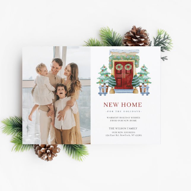 Nytt foto för Flytta av juldörr hemma Helg Vykort (New Home Christmas Door Moving Photo Holiday PostCard)
