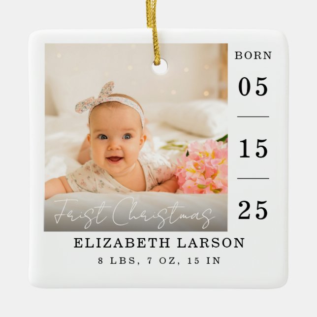 Nytt fött Baby Birth Stats Custom Name & Photo Julgransprydnad Keramik (Framsida)