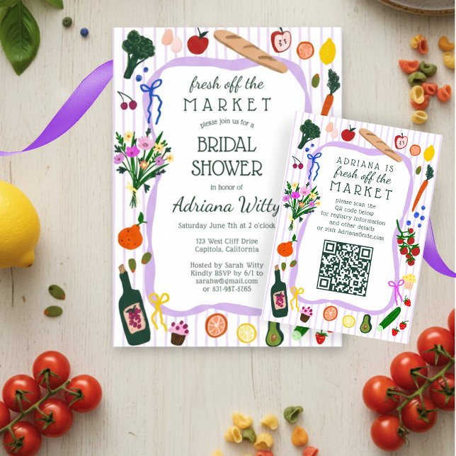 NYTT FRÅN MARKNADEN Bröllopsfest ANPASSAD QR-kod  OSA Kort (FRESH OFF THE MARKET Bridal Shower CUSTOM QR Code RSVP Card
)