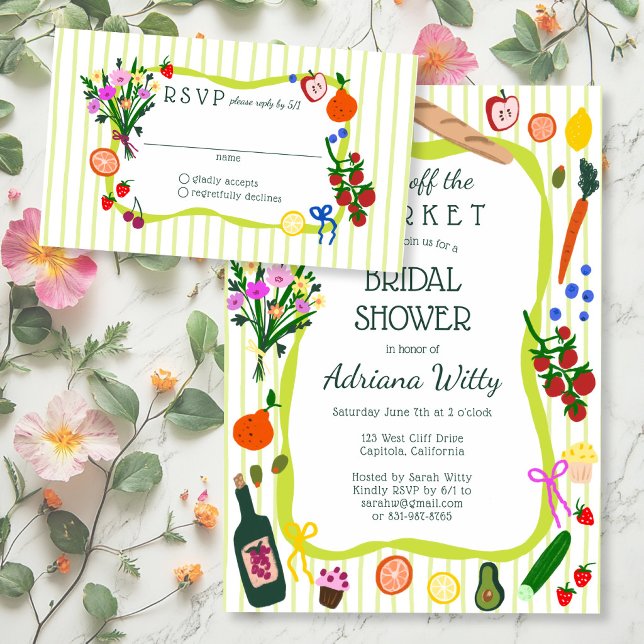 NYTT FRÅN MARKNADEN Bröllopsfest Svar RSVP Tilläggskort (FRESH OFF THE MARKET Bridal Shower Reply RSVP Enclosure Card
)