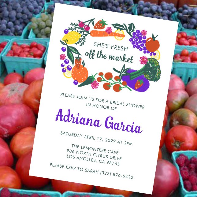 NYTT FRÅN MARKNADEN Grönsaker Frukter Bröllopsfest Inbjudningar (FRESH OFF THE MARKET Veggies Fruits Hand-drawn Cute Bridal Shower Invitation
)