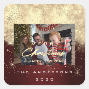 Nytt guld- rödbrunt glitterfoto för god jul fyrkantigt klistermärke