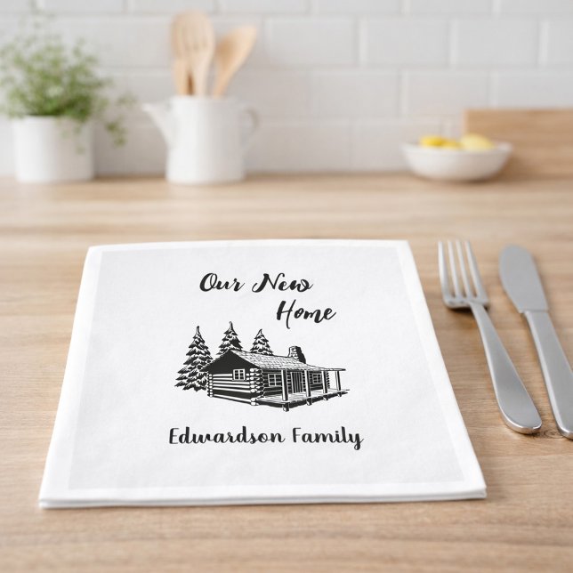 Nytt hem flyttar till nytt hus familjenamn pappersservett (Our new home, family name, paper napkins. You can add your own text and name to personalize.)