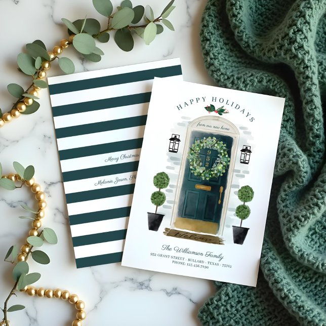 Nytt hem för Grönten Helgdagar vattenfärgsdörr Julkort (New Home For the Holidays Green Watercolor Door Holiday Card)