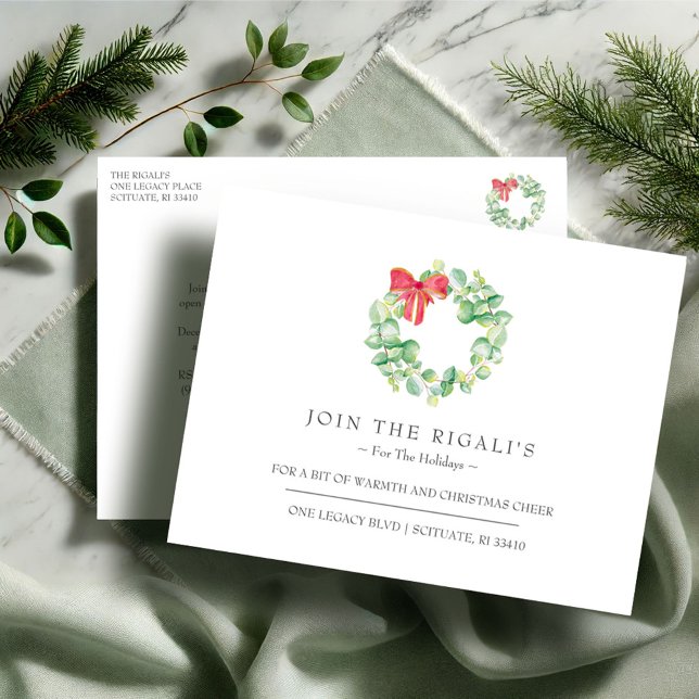 Nytt hem för helgdagar Julinbjudningar Inbjudningar (Christmas party invitations postcard open house watercolor wreath Victoria Grigaliunas VG Invites)
