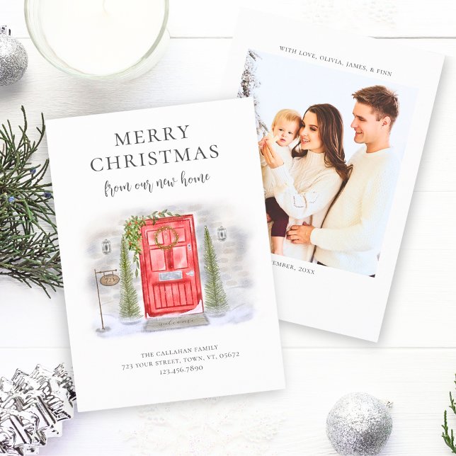 Nytt hem för helgdagar Röd akvarell dörr Julkort (Skapare uppladdad)