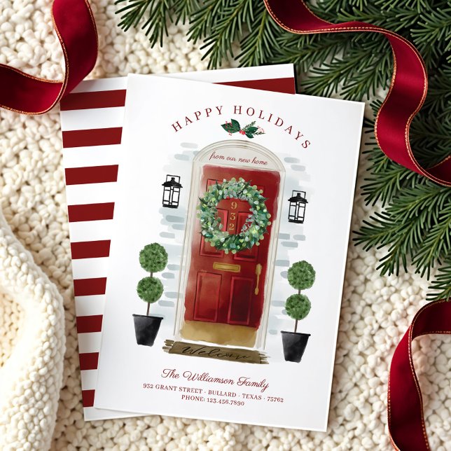Nytt hem för Helgdagarna Röd vattenfärgsdörr Julkort (New Home For the Holidays Red Watercolor Door Holiday Card)