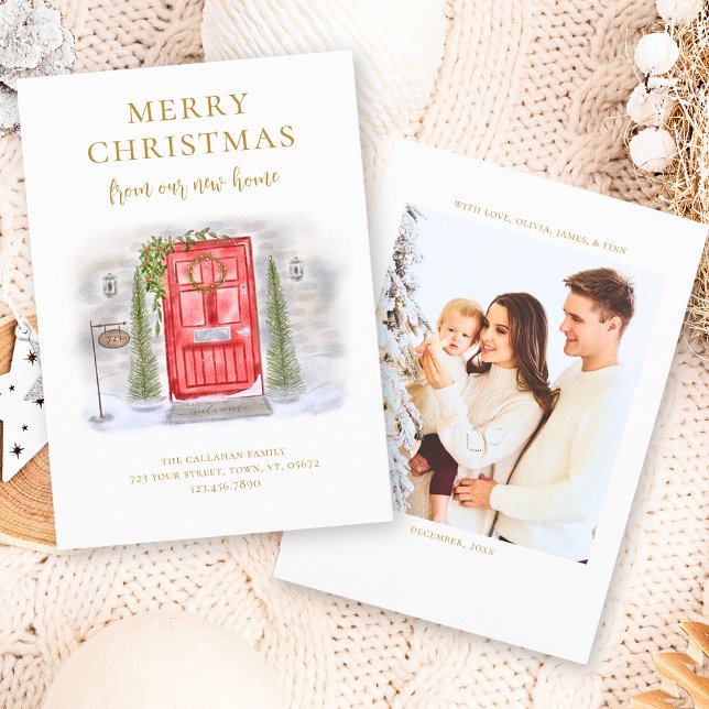 Nytt hem för Helgdagarna Röd vattenfärgsdörr Julkort (Skapare uppladdad)