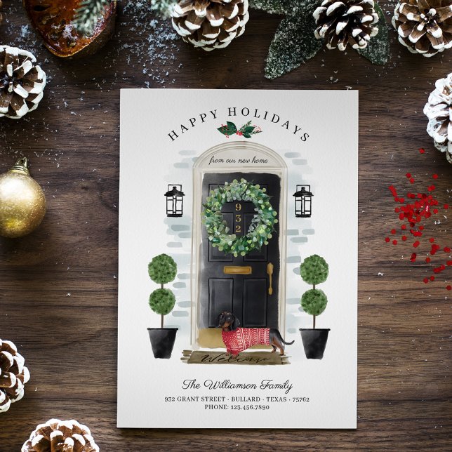 Nytt hem för Helgdagarna Svart vattenfärgsdörr Julkort (New Home For the Holidays Black Watercolor Door Holiday Card)