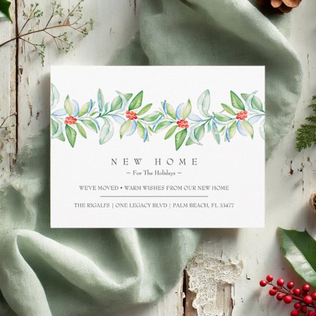 Nytt hem för Helgdagarnas Flytta-meddelande Vykort (New home Christmas postcards watercolor holiday botanical art by Victoria Grigaliunas VG Invites)