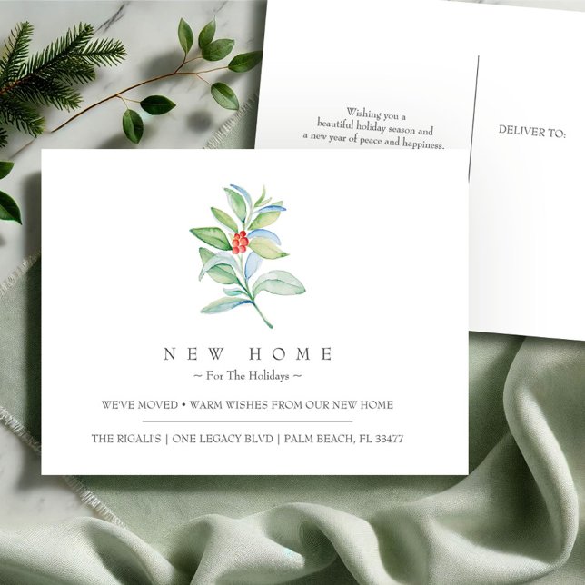 Nytt hem för Helgdagarnas Flytta-meddelande Vykort (Christmas postcard new address moving announcement watercolor red and green botanical art VG Invites)