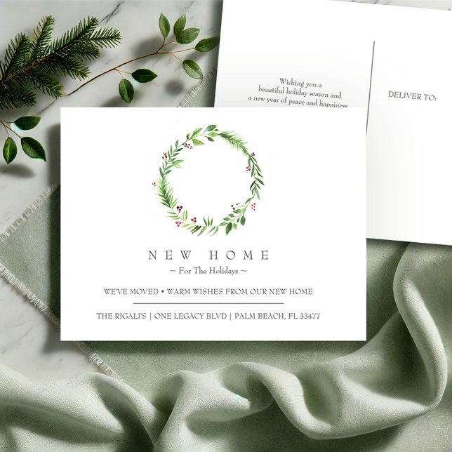 Nytt hem för Helgdagarnas Flytta-meddelande Vykort (New address Christmas moving announcement a minimalistic watercolor wreath Victoria Grigaliunas)