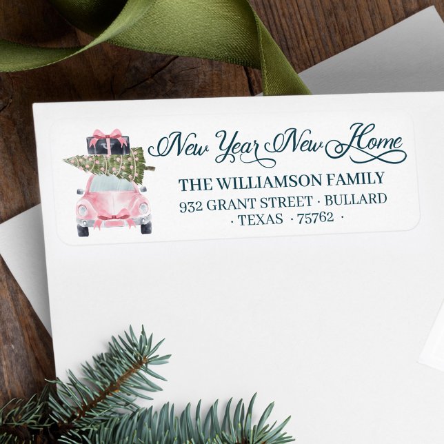 Nytt hem för Helgdagarnas Rosa Retro-bil Returadress Etikett (New Year New Home For the Holidays Pink Retro Car Label)