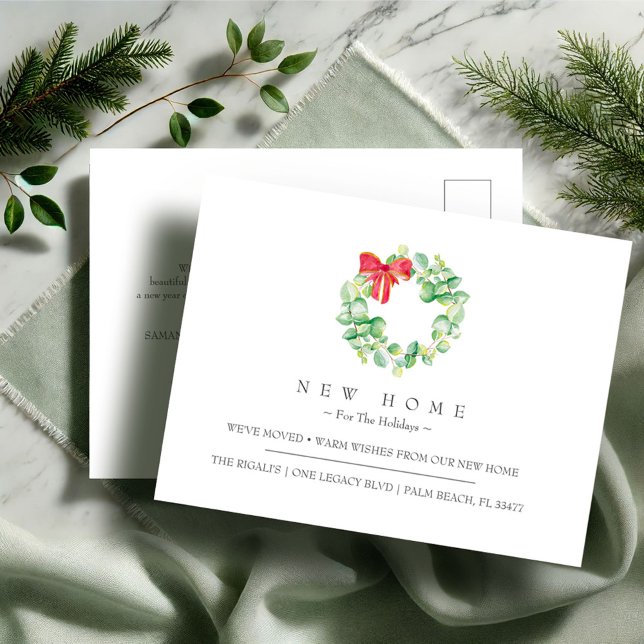Nytt Hem För Semestern Flyttningsmeddelande Vykort (Christmas moving announcement cards feature a watercolor wreath art by Victoria Grigaliunas )