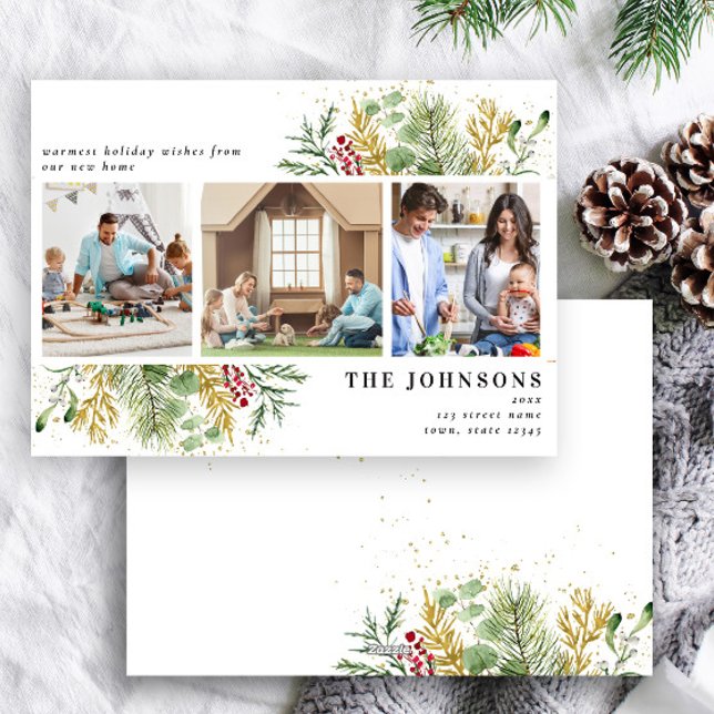 Nytt hem-Guld-vinter-botaniskt grönt 3-foto Julkort (Skapare uppladdad)