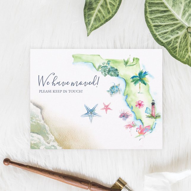 Nytt hem i Florida Statlig flyttmeddelande Vykort (Custom Florida moving announcement cards feature unique watercolor art by Victoria Grigaliunas)