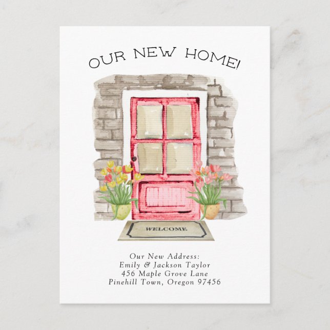Nytt hem - Söta Nya Adress Vattenfärg dörr Meddelande Vykort (Framsida)