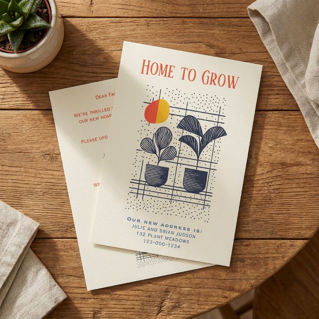Nytt hemanmälningskort för moderna hemanläggningar meddelande (Modern house plants New Home Announcement Card.)