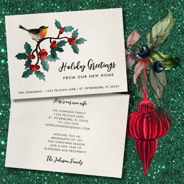 Nytt Home Cute Bird Holly Berries Julens Flytta Meddelande (Cute Bird Holly Berries Holiday Moving Announcement Flat Card)