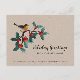 Nytt Home Cute Bird Holly Berries Julens Flytta Meddelande Vykort