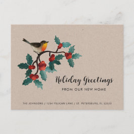 Nytt Home Cute Bird Holly Berries Julens Flytta Meddelande Vykort