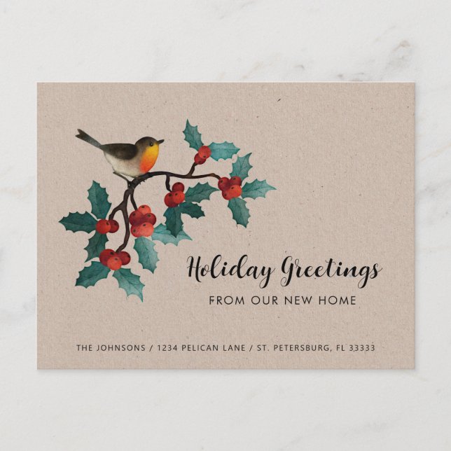 Nytt Home Cute Bird Holly Berries Julens Flytta Meddelande Vykort (Framsida)