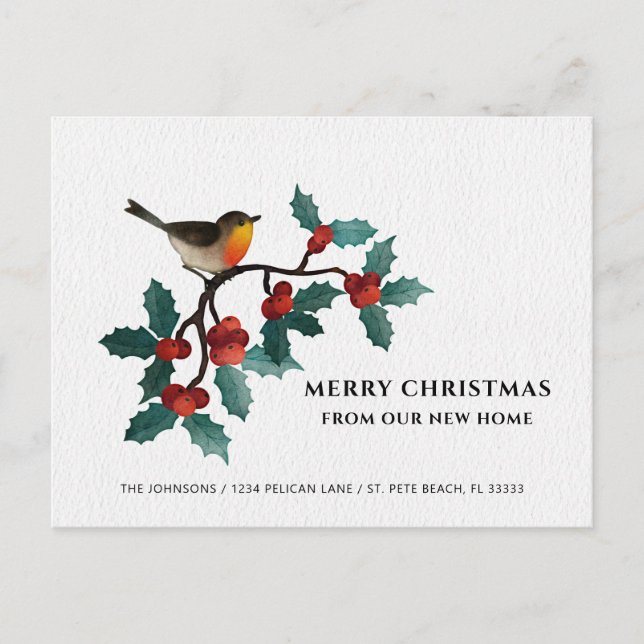 Nytt Home Cute Bird Holly Berries Julens Flytta Meddelande Vykort (Framsida)