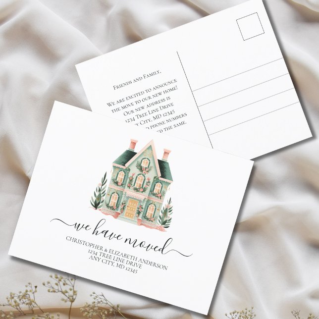 Nytt hus manus flytta  meddelande vykort ({Personalized Cute Whimsical House Moving announcement postcard.)