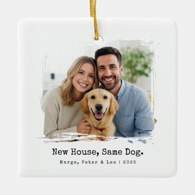 Nytt hus, samma Hund, skrivmaskin minimalt Julgransprydnad Keramik (Framsida)