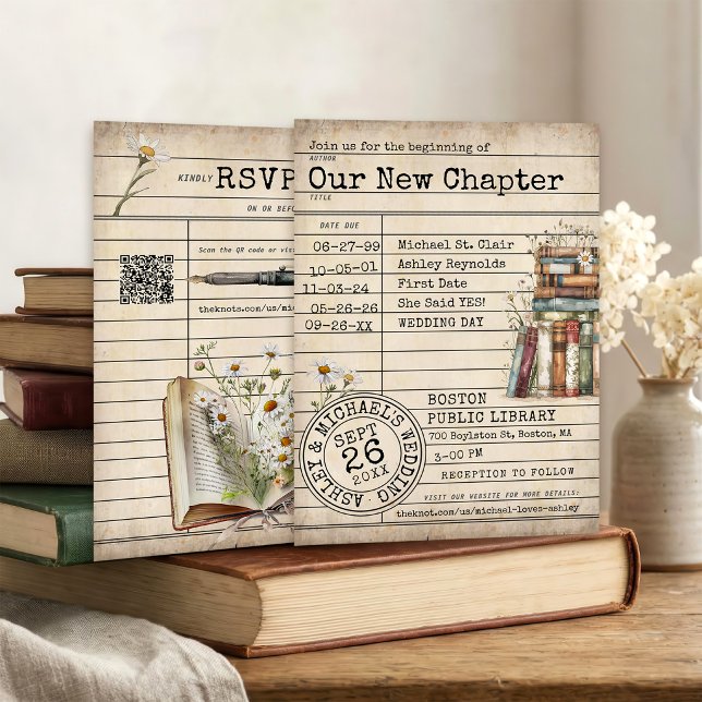 Nytt kapitel Antika bibliotek Böcker Blommig bröll Inbjudningar (Vintage floral books rustic library card unique Our New Chapter bookish QR code wedding invitation )