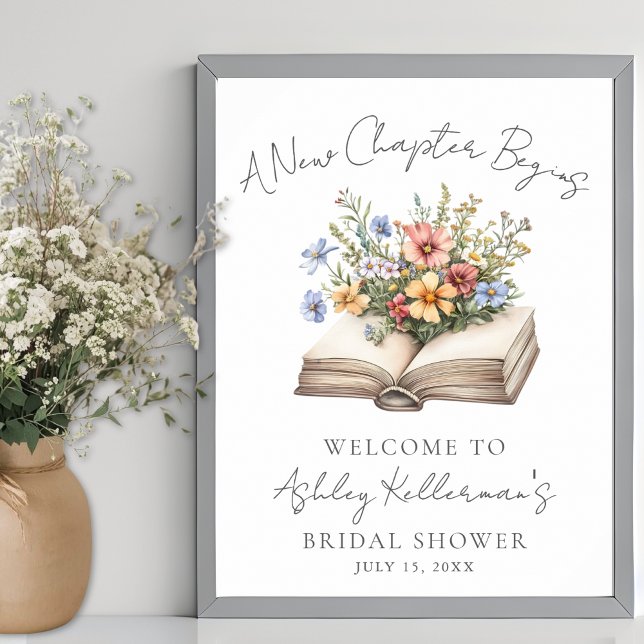 Nytt kapitel Blommig bok Bröllopsdusch välkomstsky Poster (New Chapter Floral Book Bridal Shower Welcome Sign)
