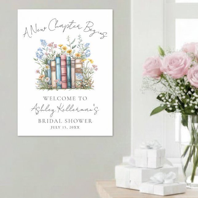 Nytt kapitel Blommig bok Bröllopsdusch Välkomstsky Poster (New Chapter Floral Book Bridal Shower Welcome Sign)