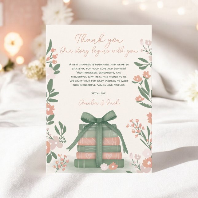 Nytt kapitel-Bokar grönt för vismisk sidhälsning,  Tack Kort (New Chapter Books Whimsical Sage green Baby Shower Thank You Card)