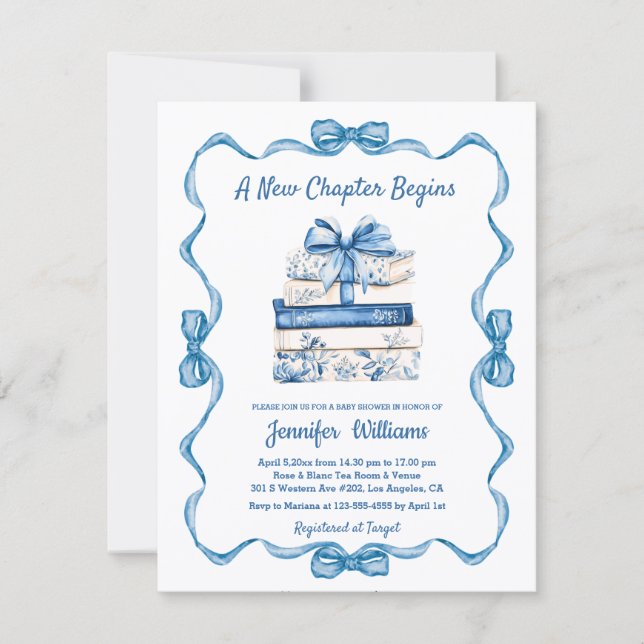 nytt kapitel börjar blå band böcker baby shower inbjudningar (Framsida)