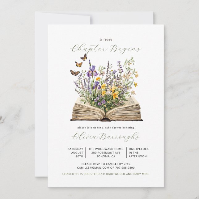 Nytt kapitel börjar Bok Wildblomme Baby Shower Inbjudningar (Framsida)