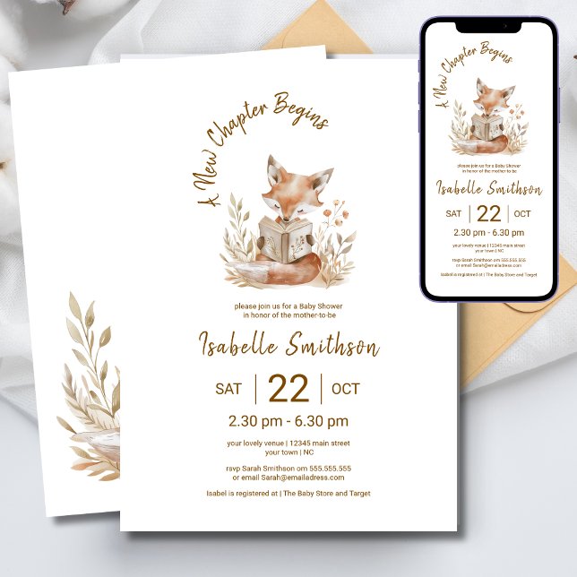 Nytt kapitel börjar Cute Fox Storybook Baby Shower Inbjudningar (Skapare uppladdad)