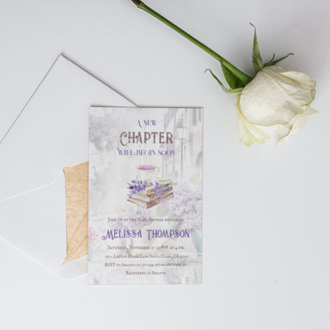 Nytt kapitel börjar lavender Tea Brunch Babydusch Inbjudningar (Skapare uppladdad)