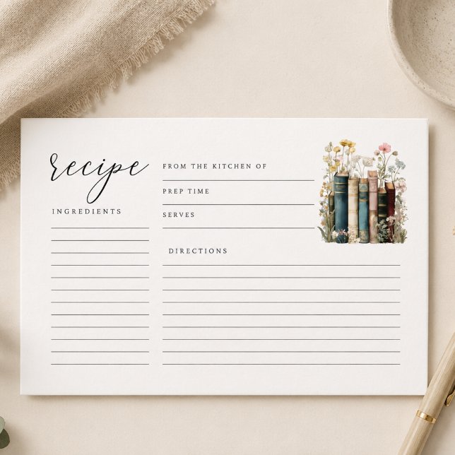 Nytt kapitel börjar receptkort tilläggskort (books and wildflowers recipe card)