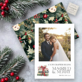 Nytt kapitel Gift & Merry Newlyed Red Bow Photo Julkort