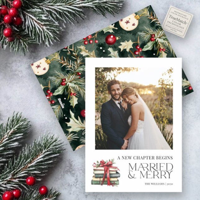 Nytt kapitel Gift & Merry Newlyed Red Bow Photo Julkort (Skapare uppladdad)