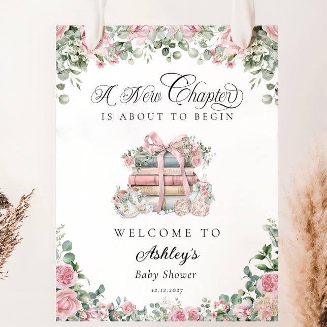 Nytt kapitel Rosa Blommigt Bow Baby Shower Välkomm Poster (Skapare uppladdad)