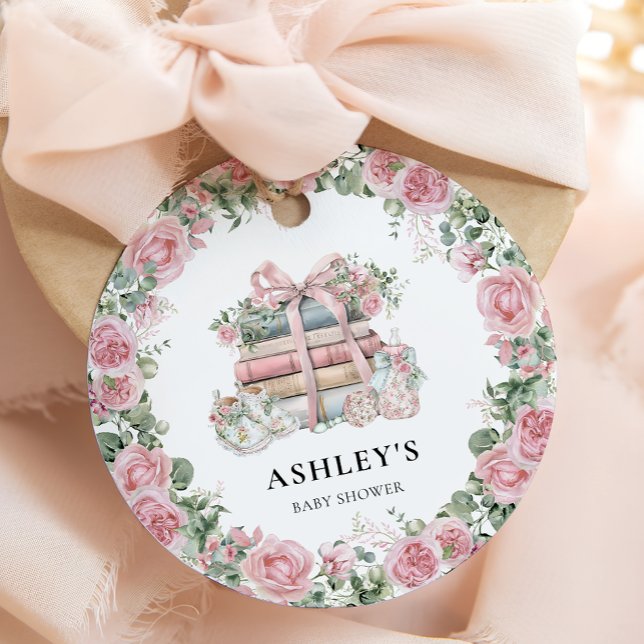 Nytt kapitel Rosa Blommigt Bow Girl Baby Shower Gåvor Etiketter (Skapare uppladdad)