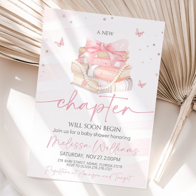 Nytt kapitel Rosa buggblommor Babykläder Inbjudningar (A soft pink baby shower invitation with wildflowers, an elegant pink satin bow, and the phrase "A Ne)
