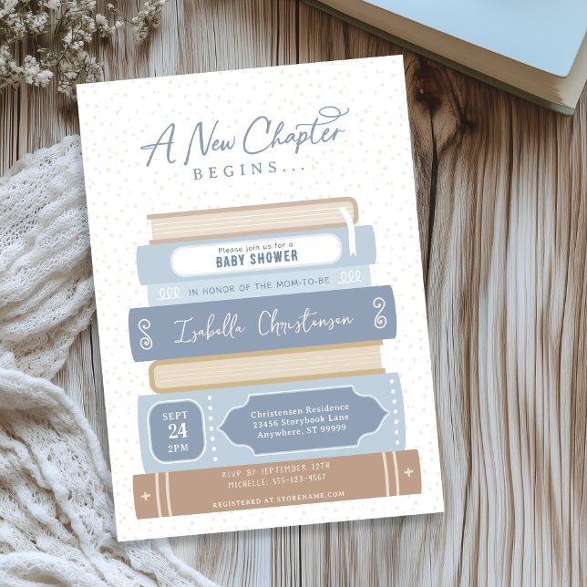 Nytt kapitel Staplad Bokar Storybook Baby Shower Inbjudningar (Shown on a 5" x 7" invitation)