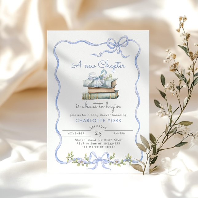 Nytt kapitel Storybook Blue Bow Baby Shower Inbjudningar (Skapare uppladdad)