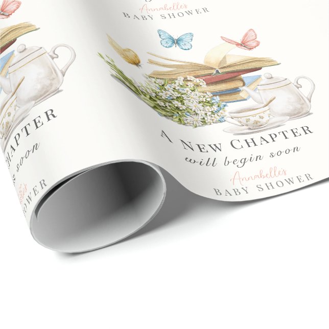 Nytt kapitel Tea Butterfly Storybook Baby Shower Presentpapper (Rullad Hörn)